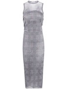 MESH LONG DRESS DOUBLE LAYER PRINTED "BODY SHADOW" AND "PRINCE OF WALES" JEAN PAUL GAULTIER GREY XS