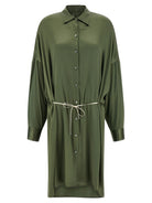 Green silk satin shirt dress with drawstring waist by Dries Van Noten, front view