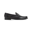 Black Prada loafer with stitched apron toe, front angle