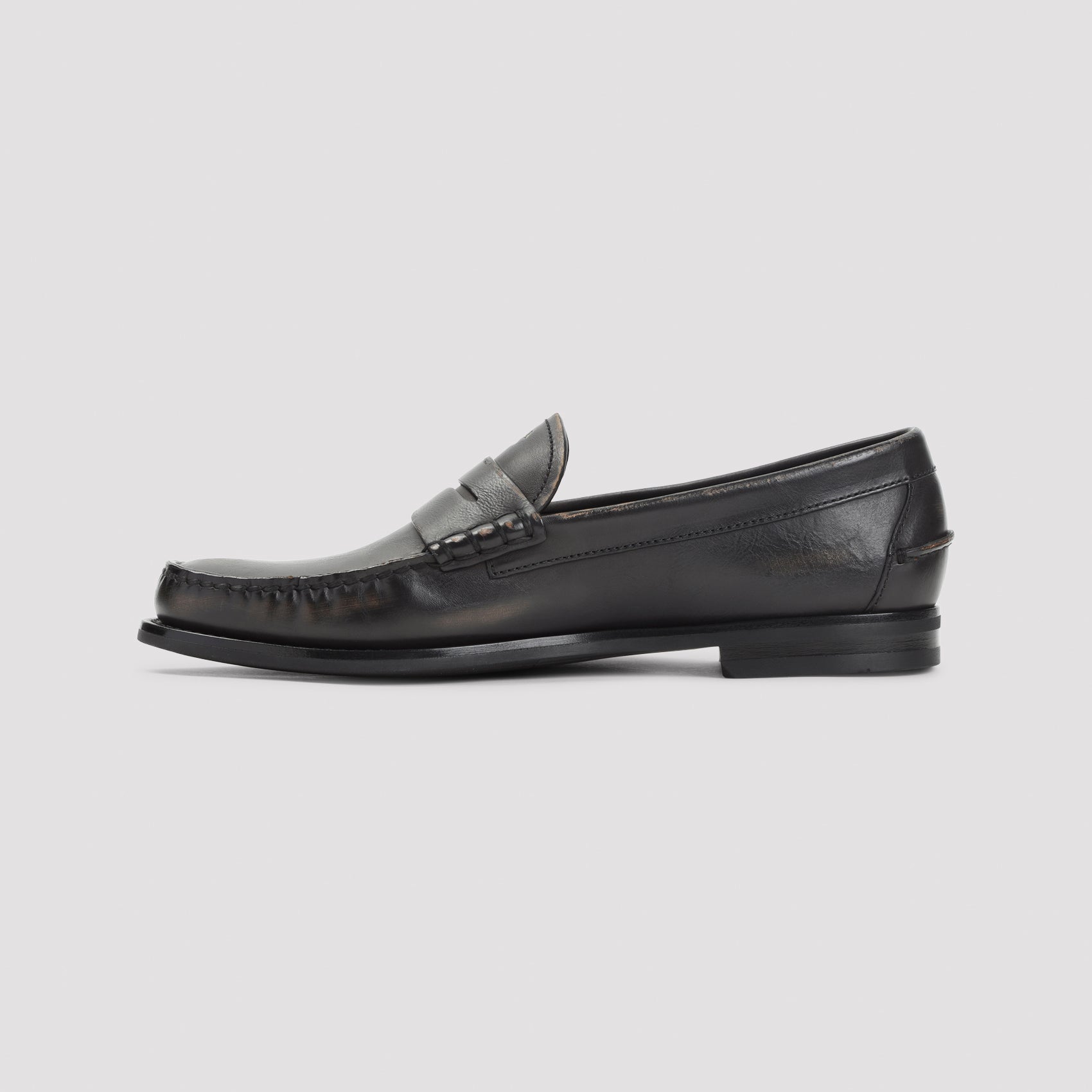 Black Prada loafer rubber sole with leather welt, bottom view