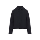 Midnight blue Jil Sander cropped blazer, side view showing cropped length