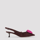 Brown suede slingback pump with fuchsia floral appliqué by Roger Vivier, side view