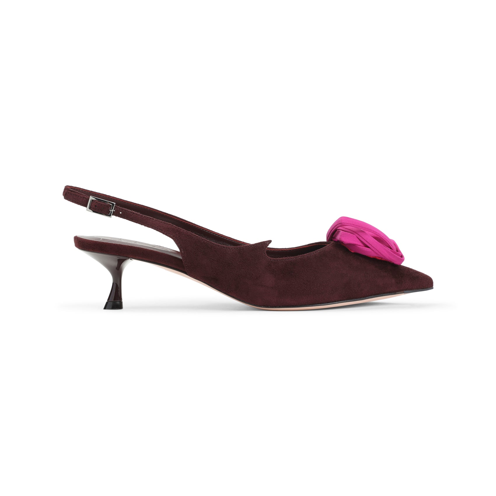 Roger Vivier brown suede slingback pump with kitten heel, rear view
