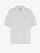White technical polo shirt with embroidered logo patch by Brunello Cucinelli, front view