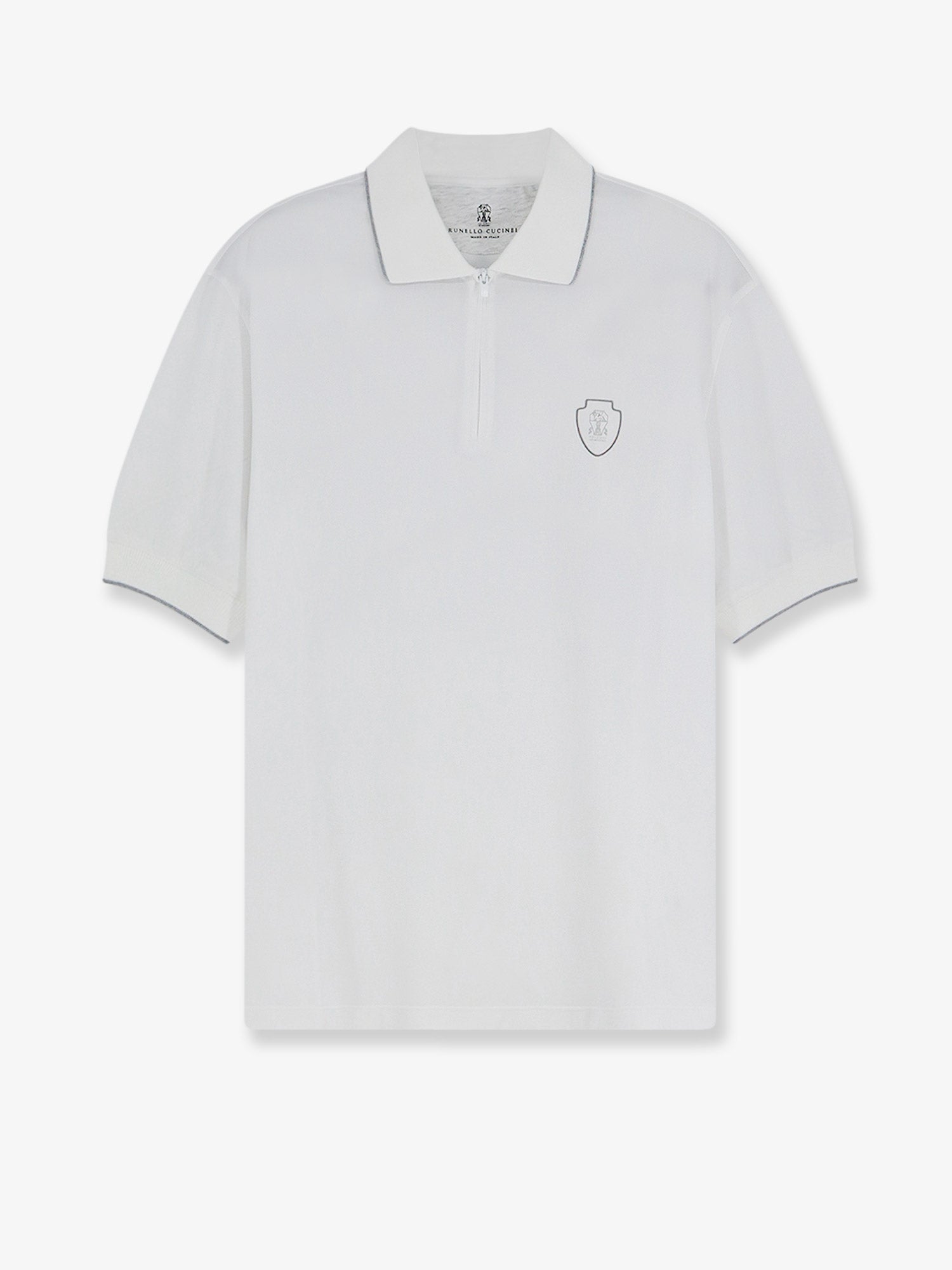 White technical polo shirt with embroidered logo patch by Brunello Cucinelli, front view
