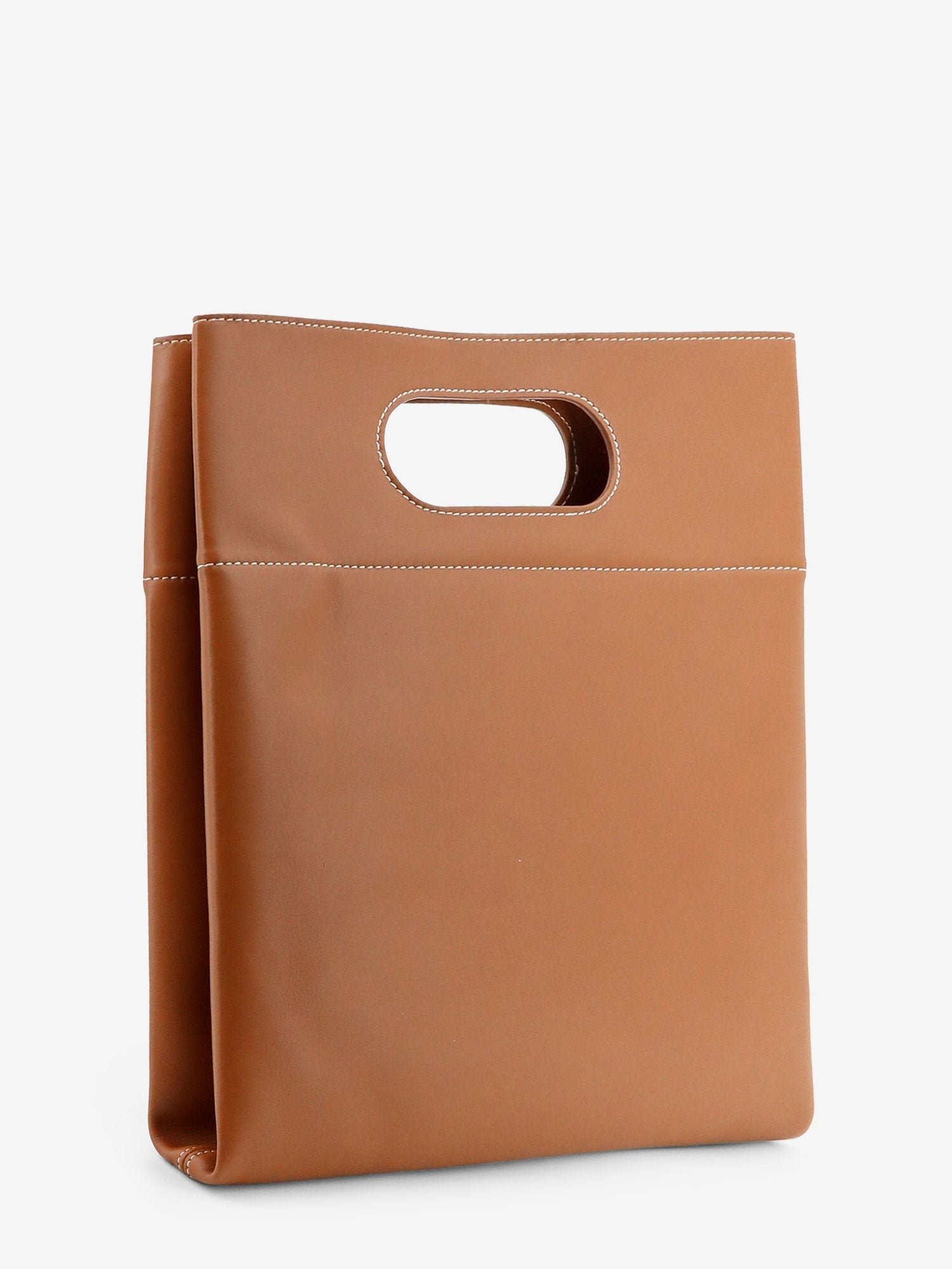 Brown leather tote bag by Loro Piana, back view with engraved logo