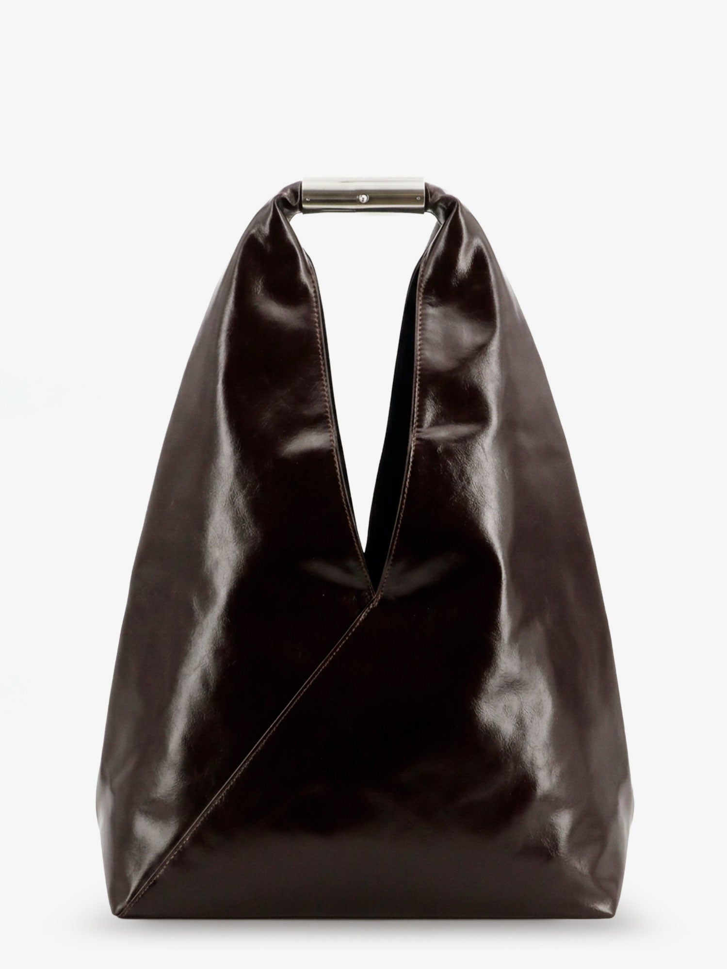 Black glossy leather shoulder bag with metal handle by MM6 Maison Margiela, front view