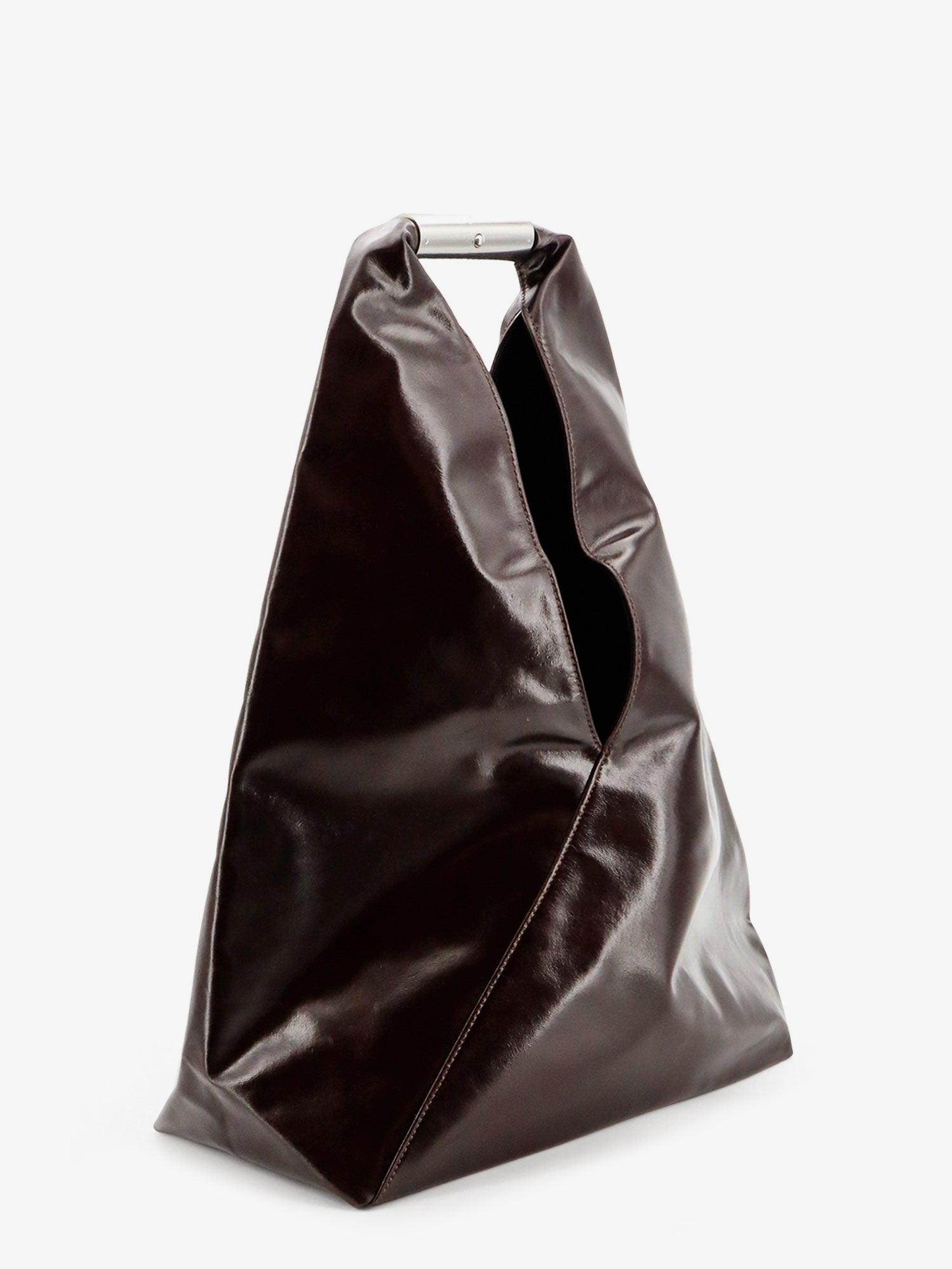 Black glossy leather shoulder bag by MM6 Maison Margiela, side profile view