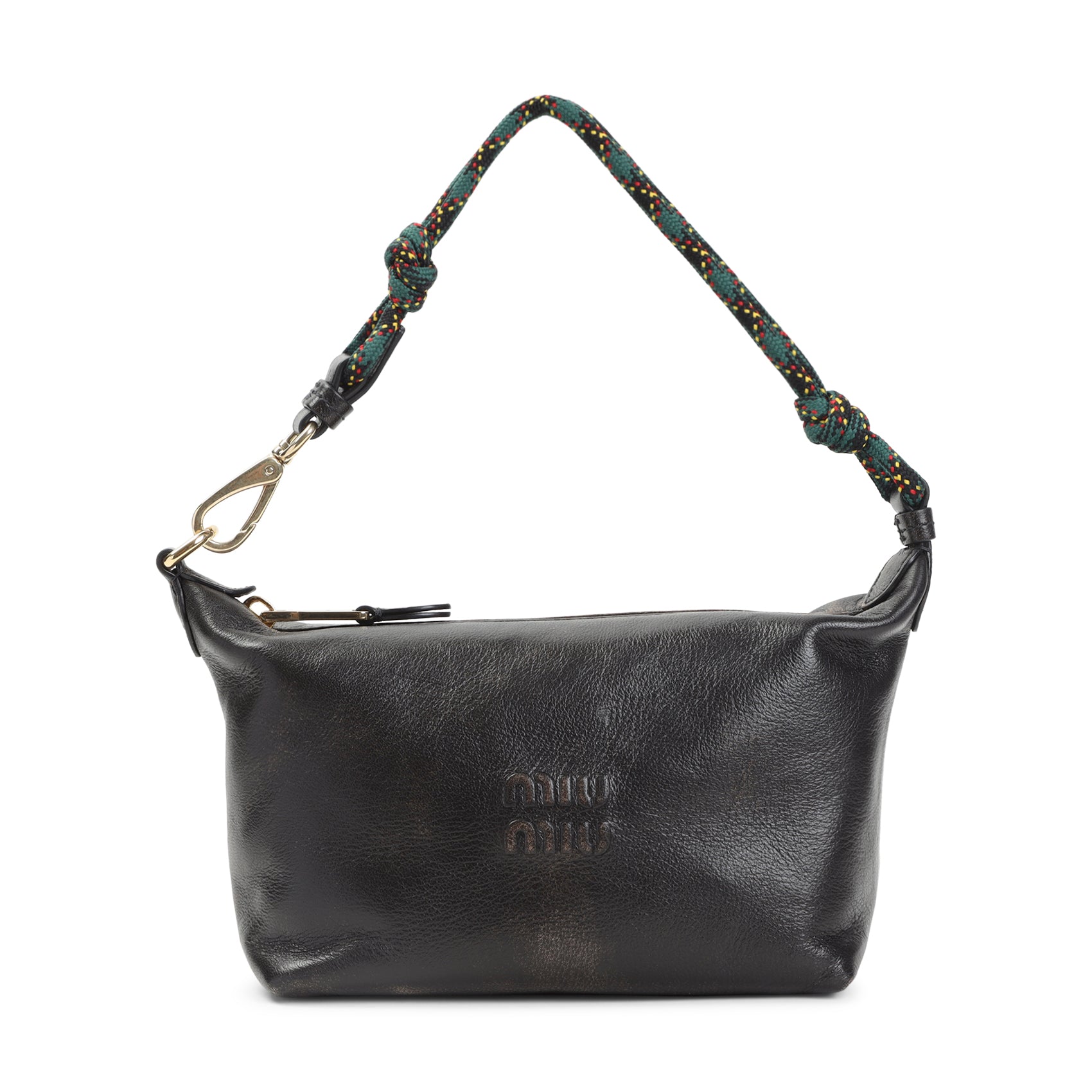 Brown Miu Miu leather pouch with technical tape handle, side angle