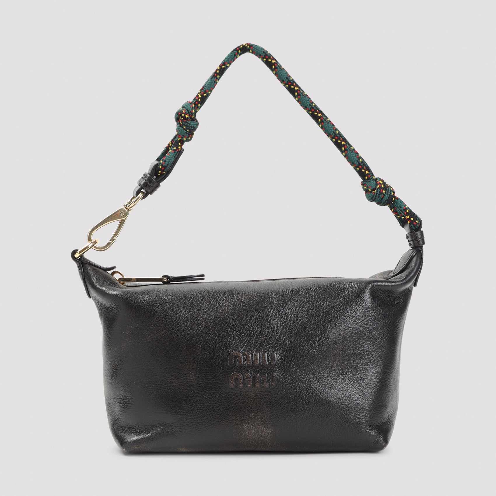 Brown Miu Miu nappa leather pouch, back view showing aged-effect finish