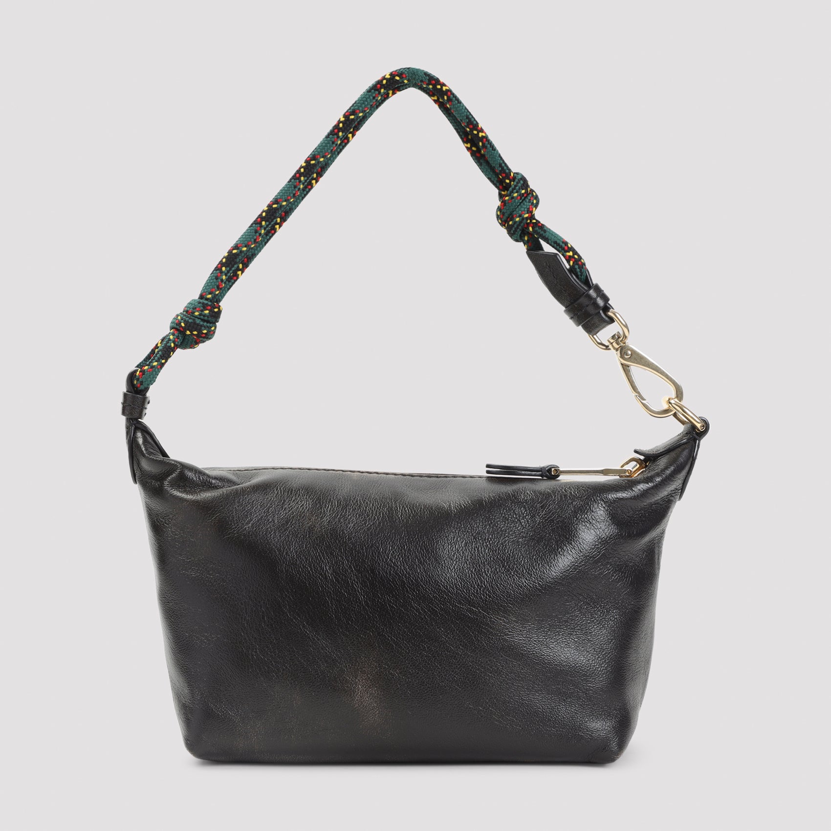 Brown Miu Miu pouch detail showing embossed leather logo lettering