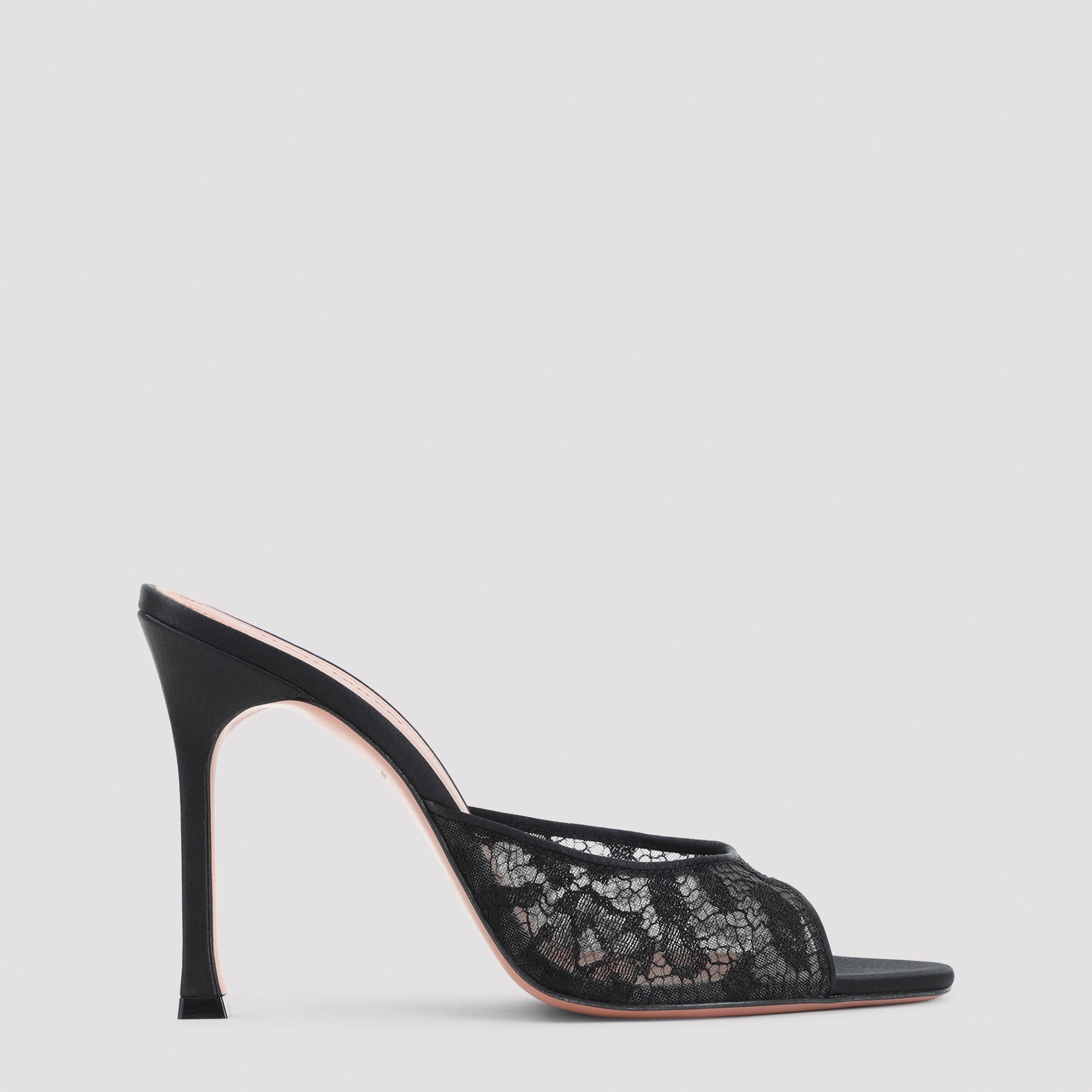 Black lace Alexa slipper with open toe by Amina Muaddi, side view