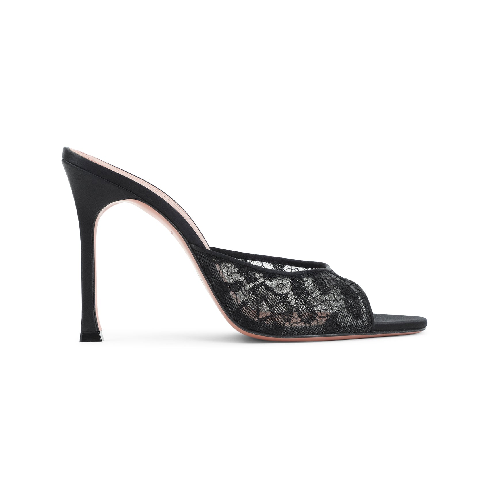 Black lace Alexa slipper with stiletto heel by Amina Muaddi, rear angle