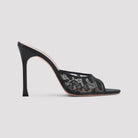 Black lace Alexa slipper by Amina Muaddi showing floral detailing, top view