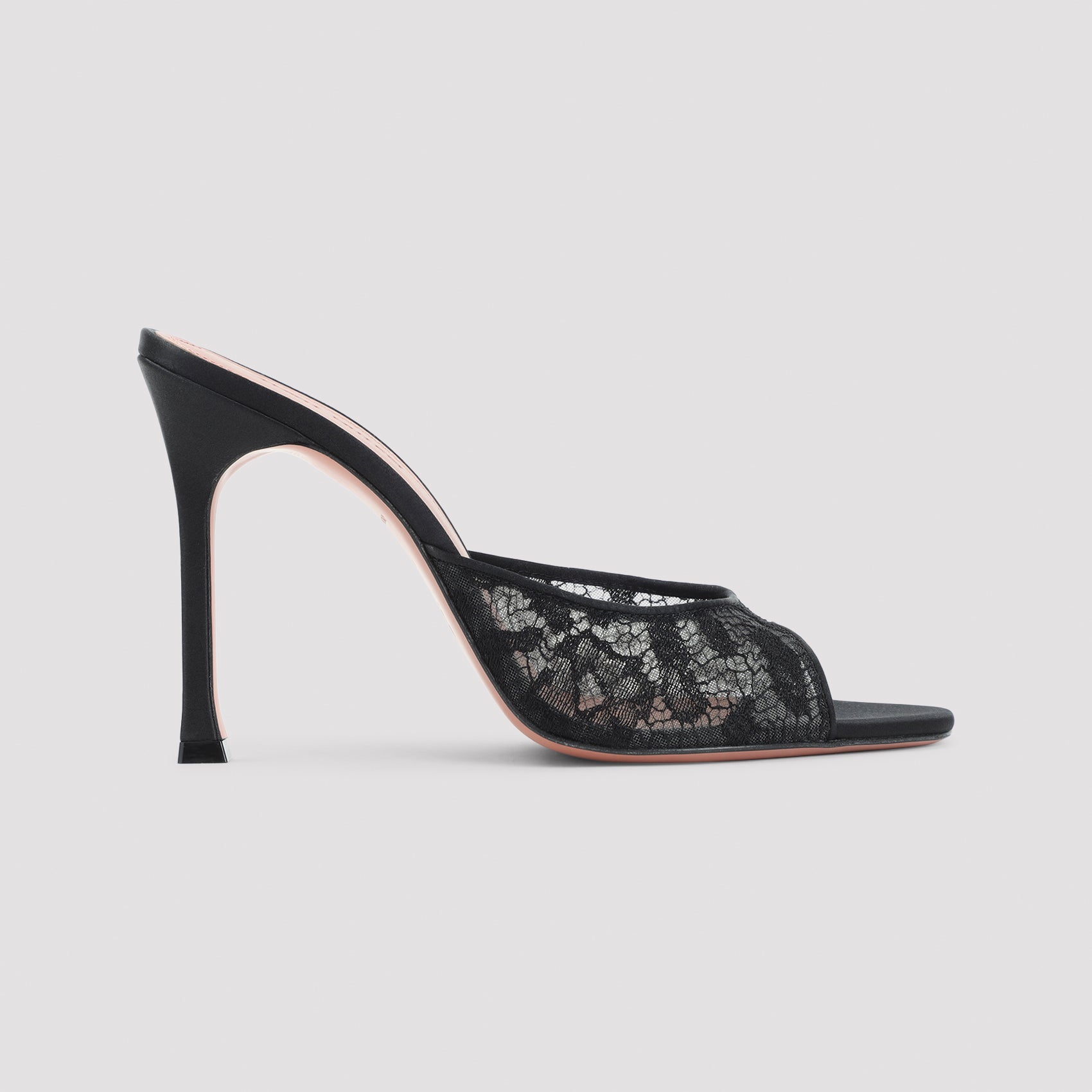 Black lace Alexa slipper by Amina Muaddi showing floral detailing, top view