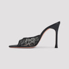 Black lace Alexa slipper with satin trim by Amina Muaddi, front view