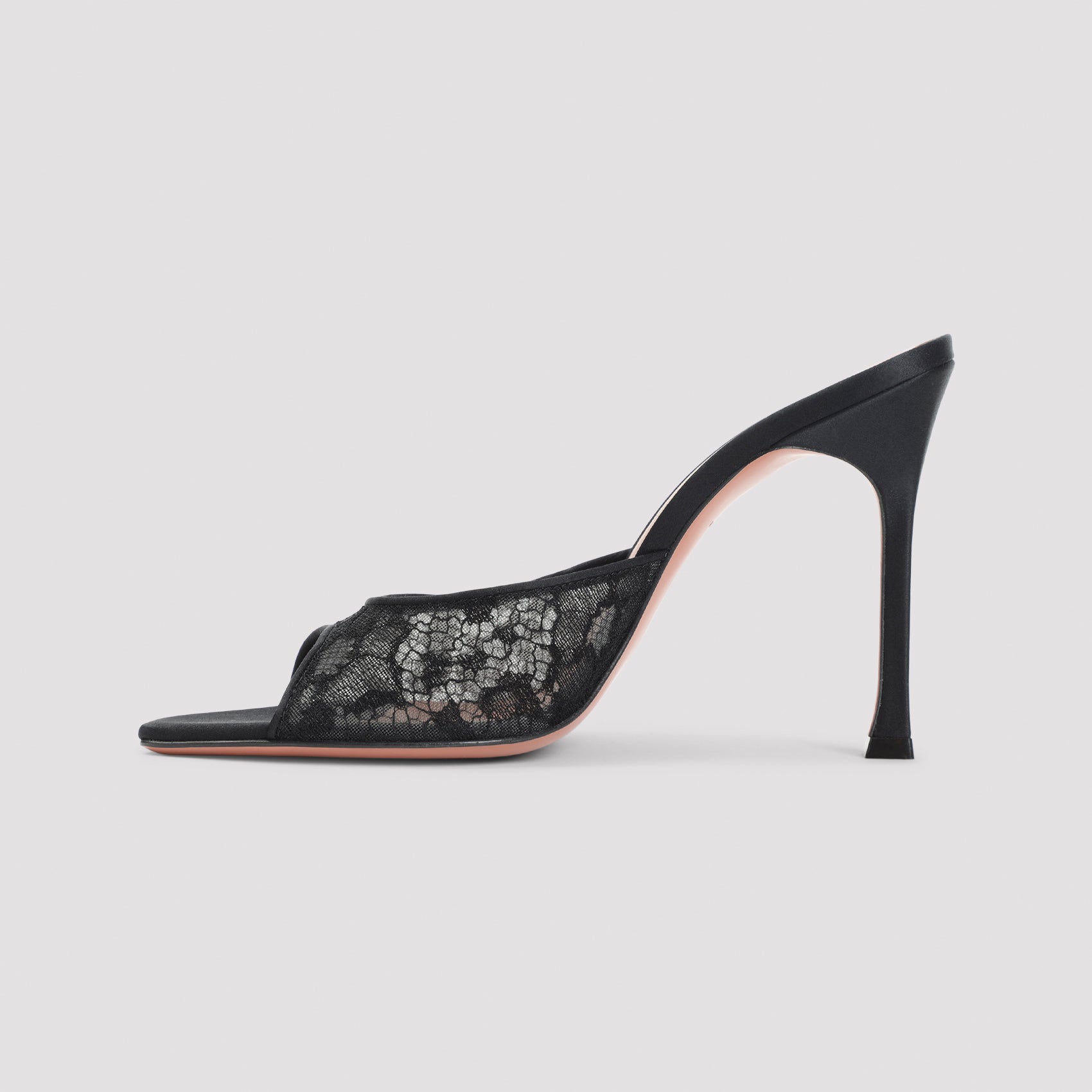 Black lace Alexa slipper with satin trim by Amina Muaddi, front view