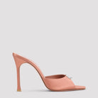 Cappuccino silk mule with crystal buckle by Amina Muaddi, side view