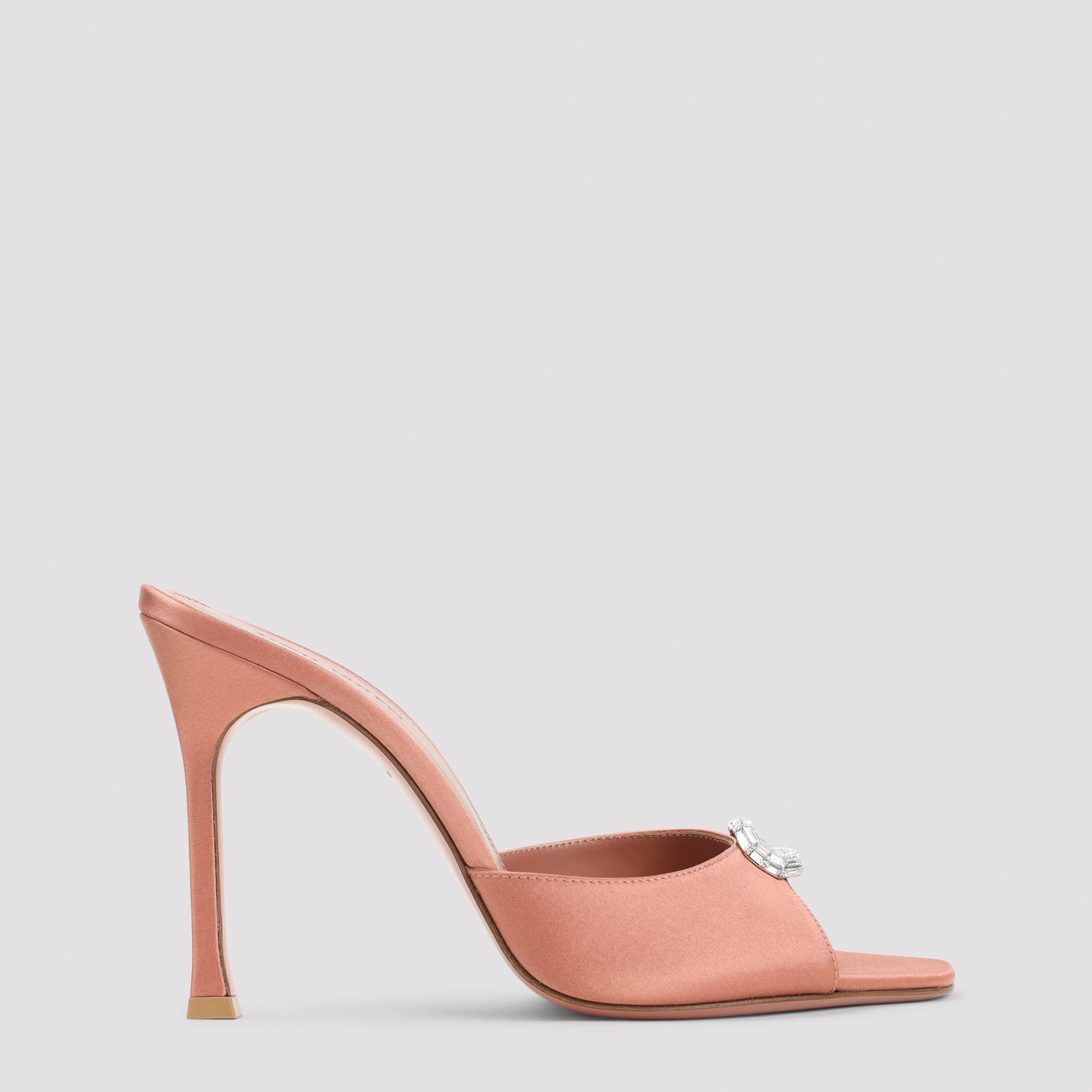 Cappuccino silk mule with crystal buckle by Amina Muaddi, side view