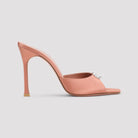 Cappuccino silk mule with stiletto heel by Amina Muaddi, back view