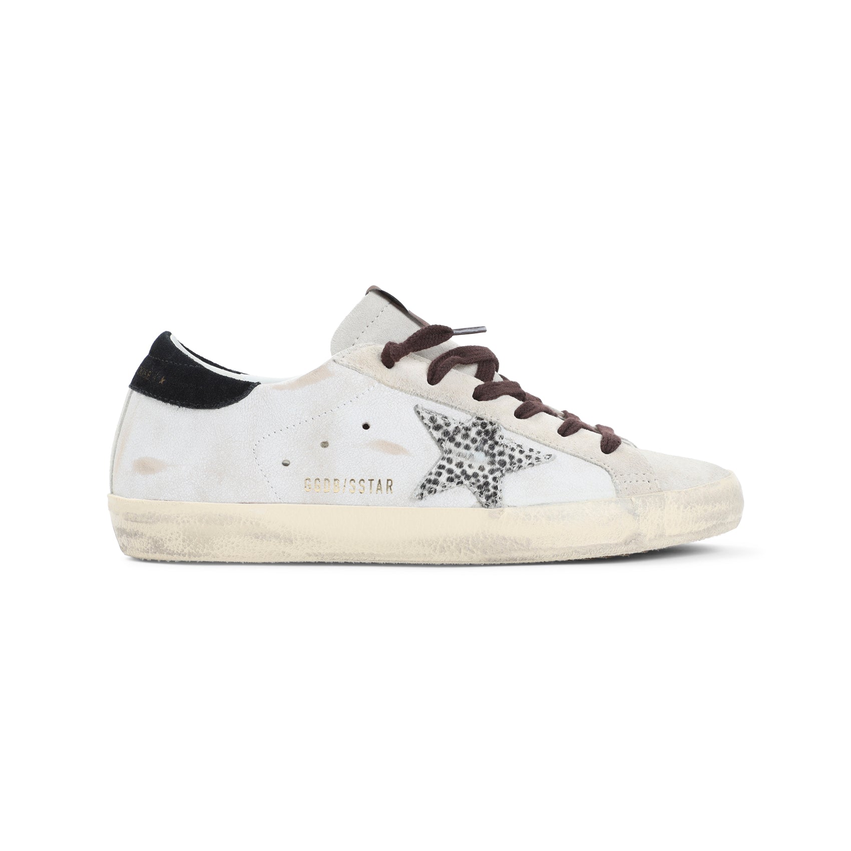 White Golden Goose Superstar sneakers with distressed finish, medial view