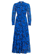 Multicolor botanical print dress with structured sleeves, lifestyle view by Beyond by Vera