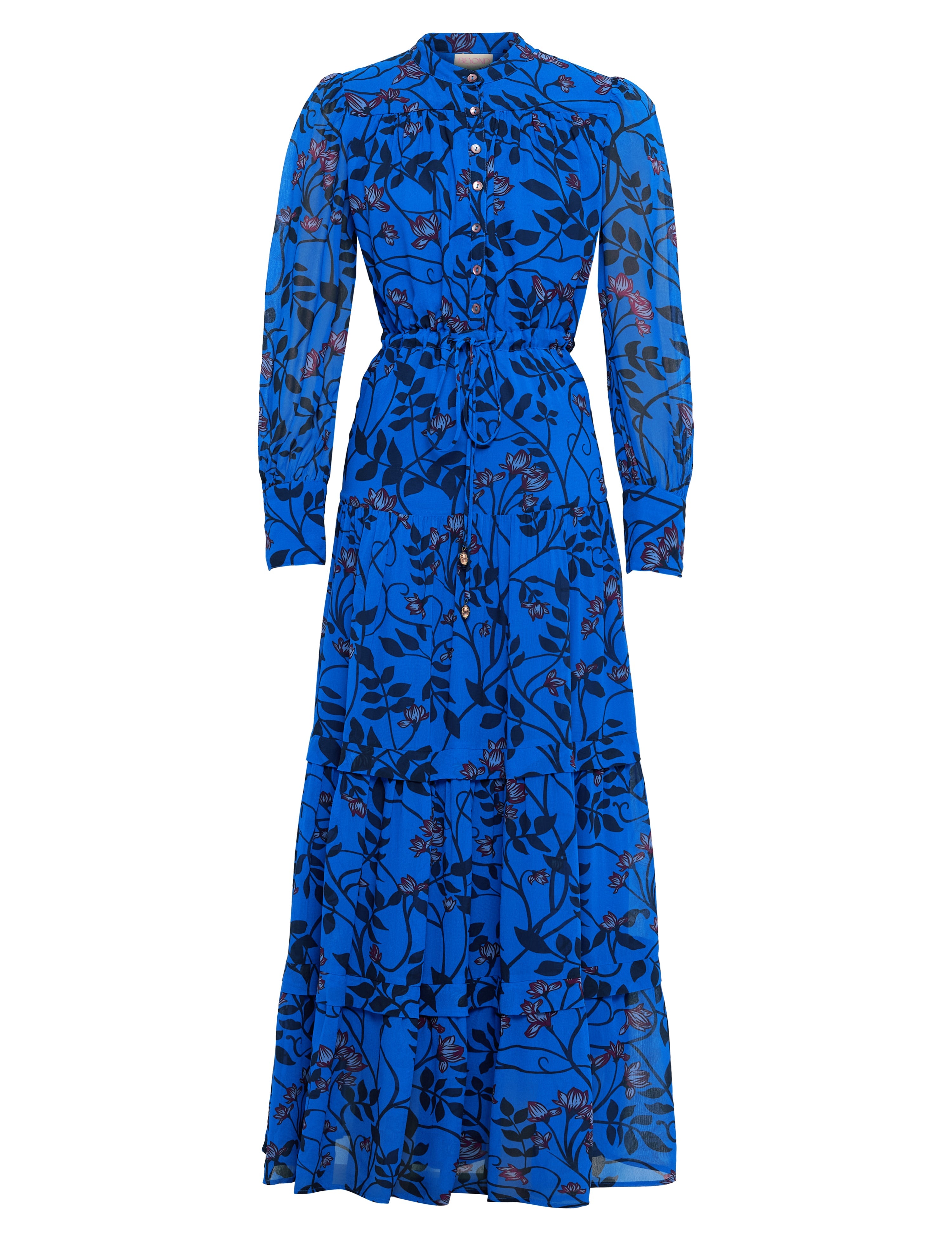 Multicolor botanical print dress with structured sleeves, lifestyle view by Beyond by Vera