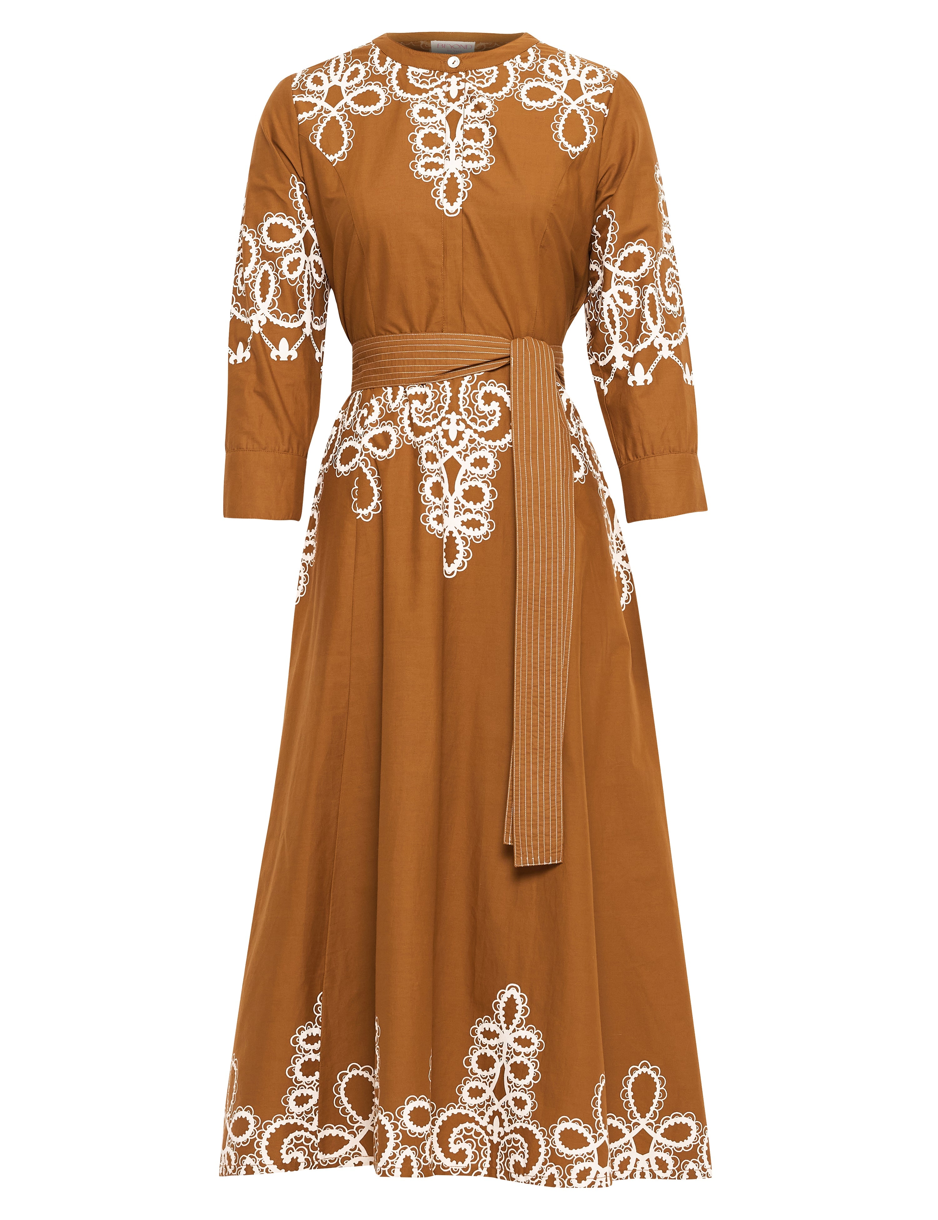 Beyond by Vera silk midi dress on model, rear three-quarter view
