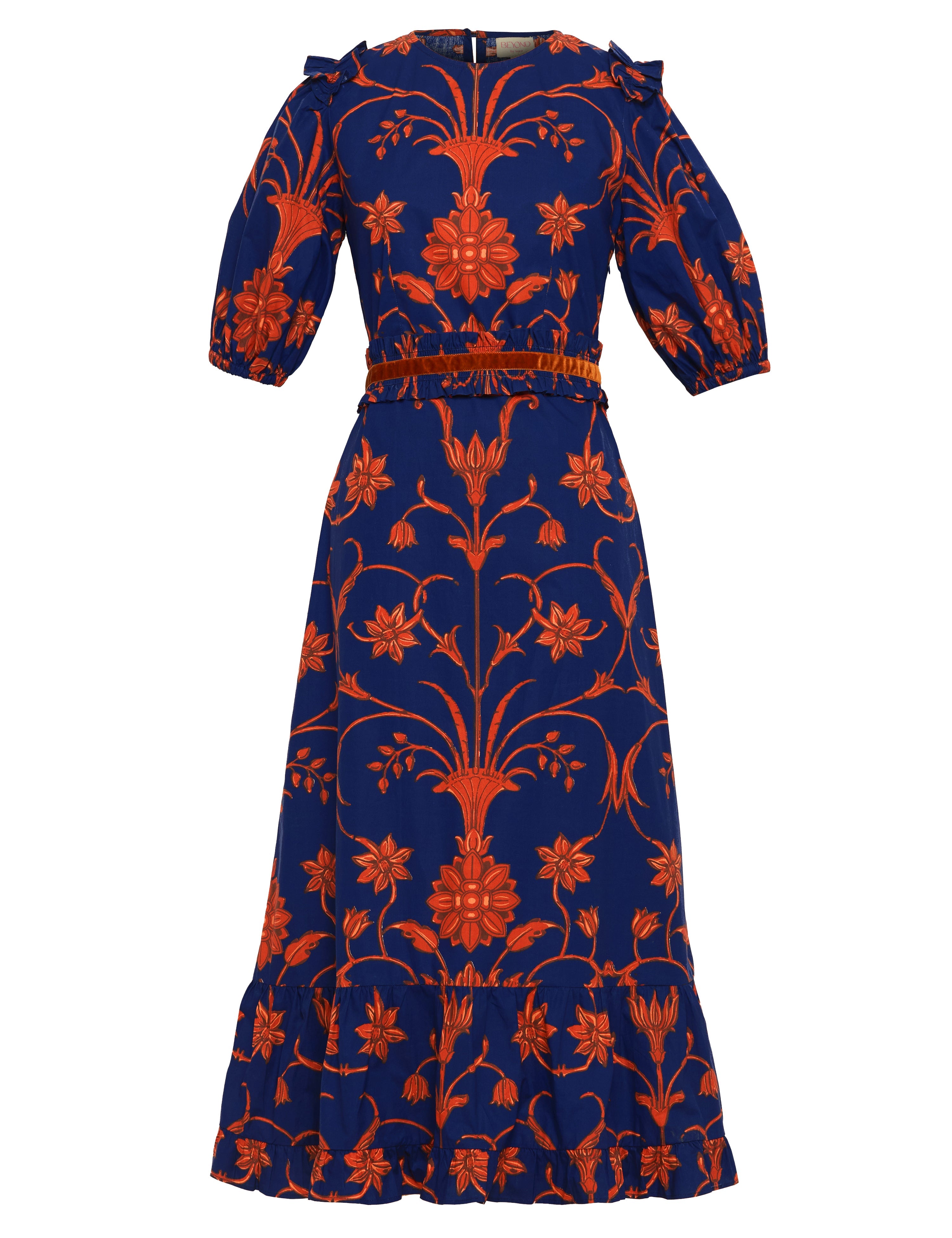 Moroccan-inspired floral print dress by Beyond by Vera, three-quarter angle