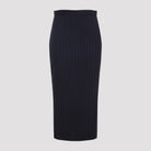 Dark navy Givenchy pinstriped wool midi skirt, back view with darted detailing