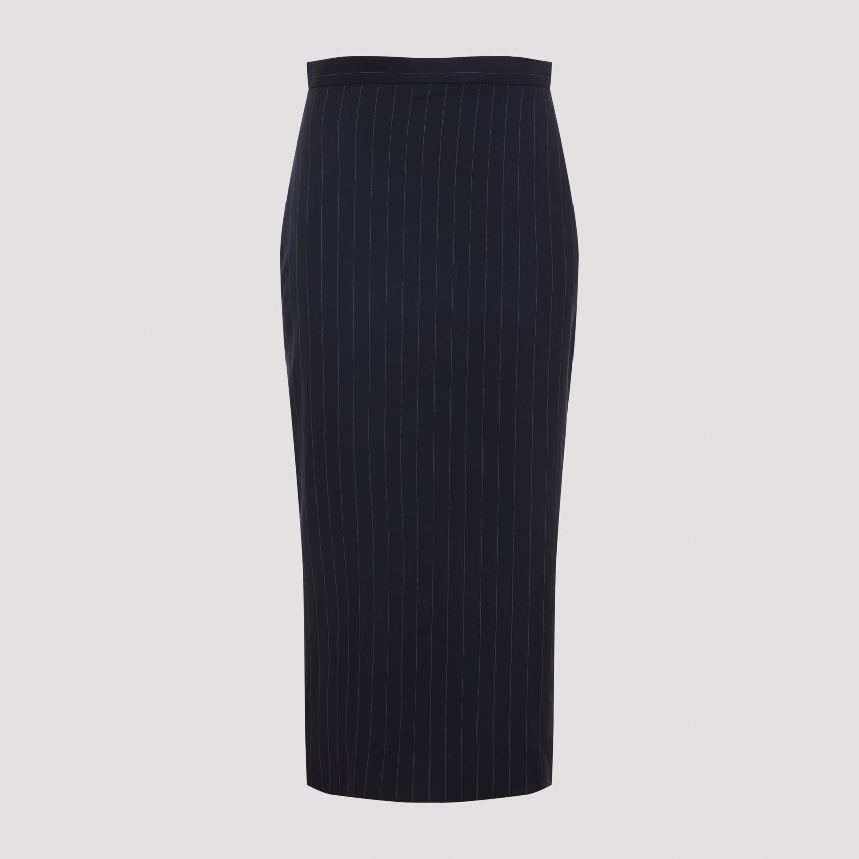 Dark navy Givenchy pinstriped wool midi skirt, back view with darted detailing