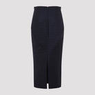 Dark navy Givenchy pinstriped wool midi skirt, detail view of pinstripe pattern