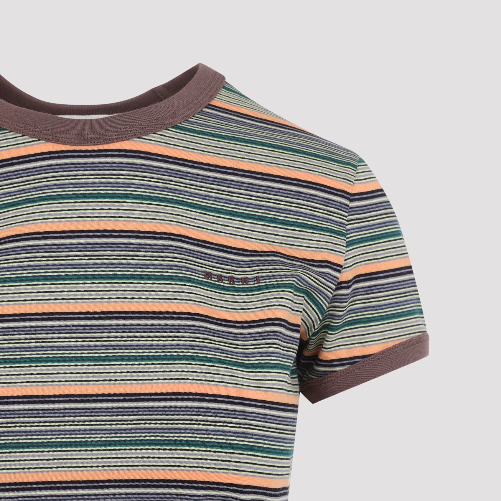 Brown ribbed trim detail on Marni multicolor striped cotton t-shirt sleeve