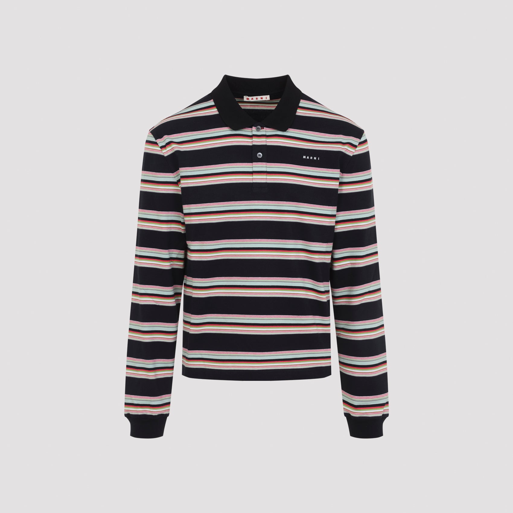 Navy striped Marni polo showing embroidered chest logo, close-up