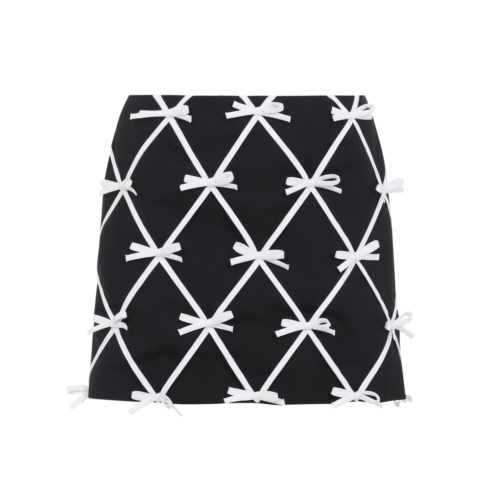 Black Moschino virgin wool mini skirt with bow appliqués, side view