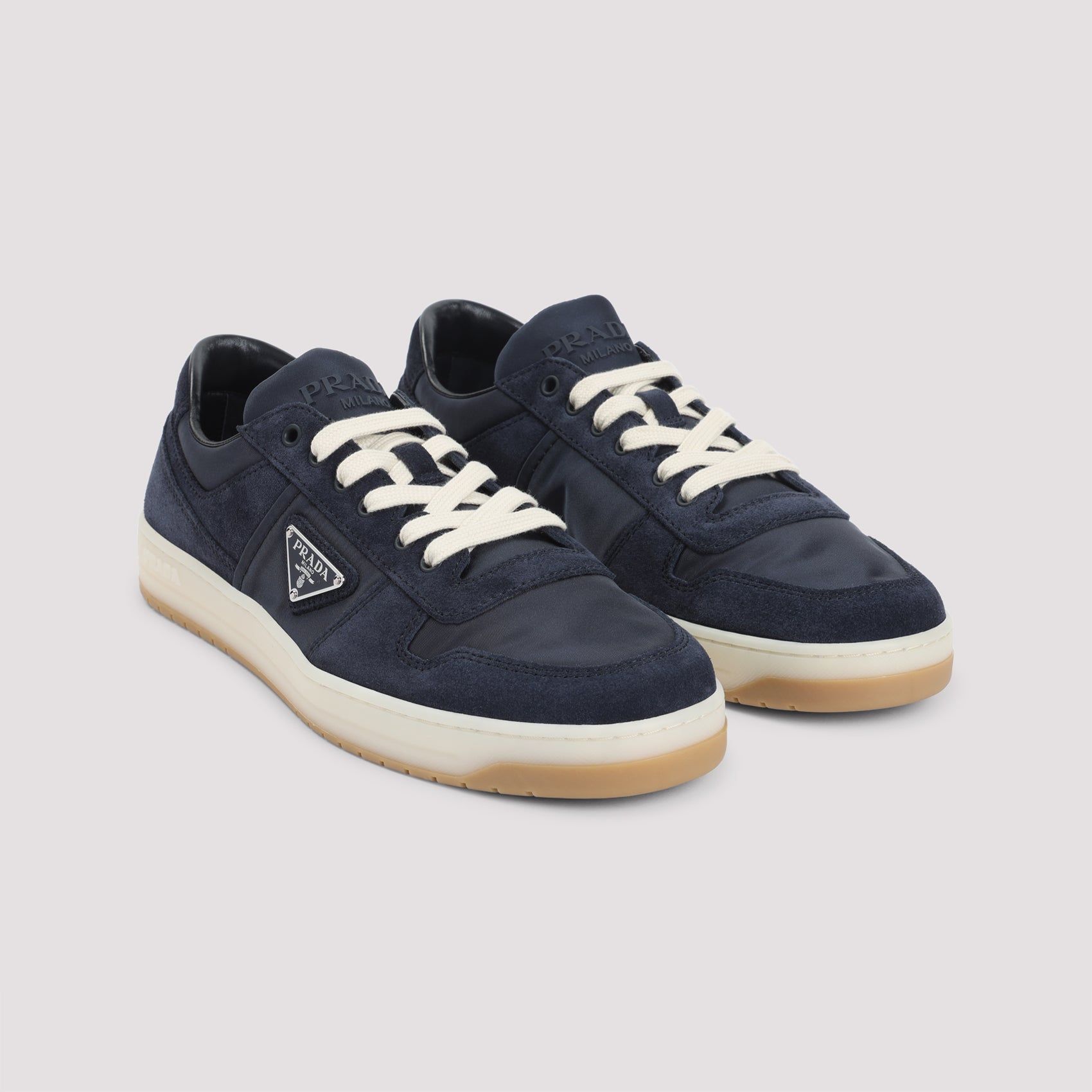 NAVY BLUE CANVAS AND SUEDE DOWNTOWN SNEAKERS Prada