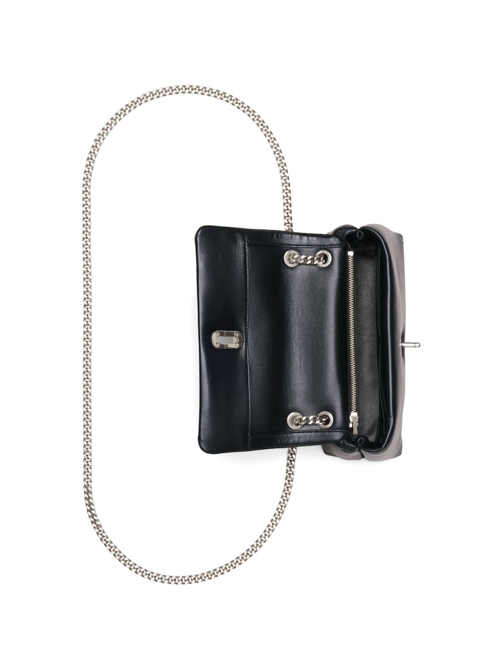 Marc Jacobs black crossbody bag with chain detail, angled view