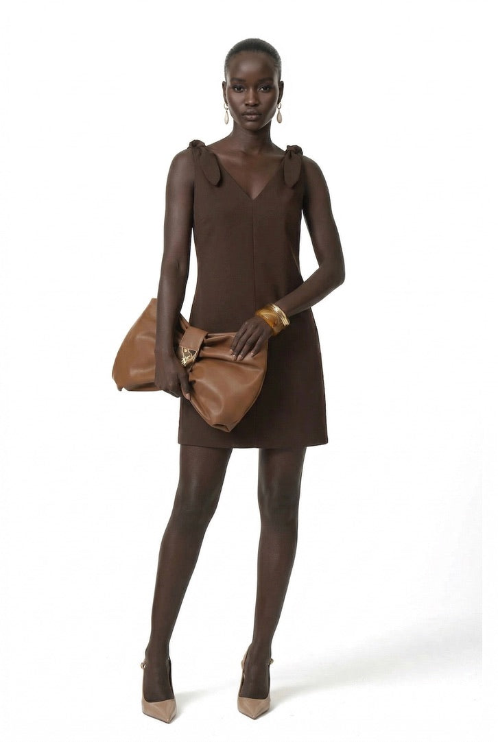 Chocolate brown shift dress with bow shoulder straps by Lord & Taylor Heritage, side angle