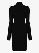 Wolford mini dress detail view, turtleneck and sleeve construction