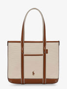 Beige canvas shoulder bag with leather handles by Polo Ralph Lauren, back view