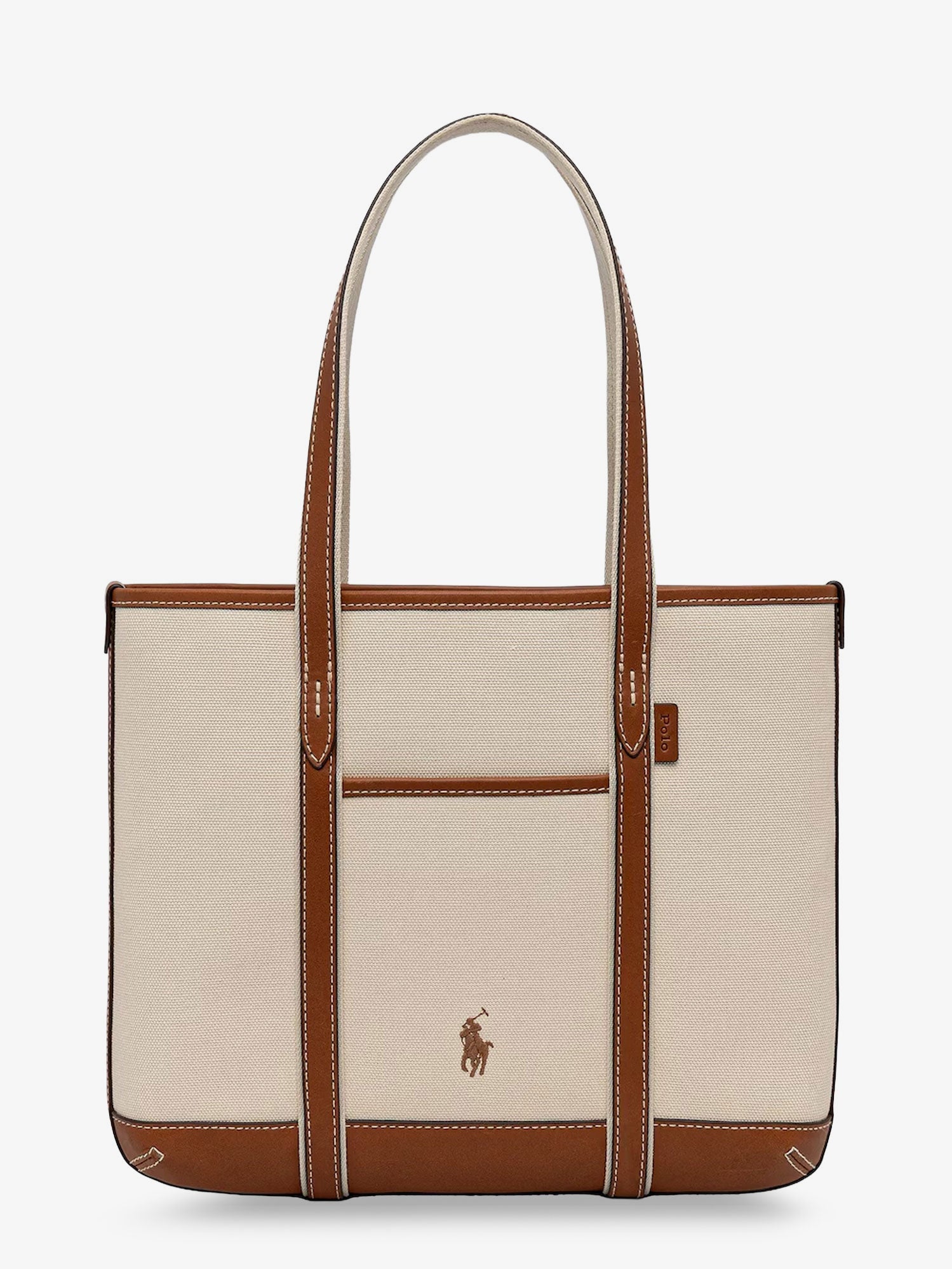 Beige canvas shoulder bag with leather handles by Polo Ralph Lauren, back view