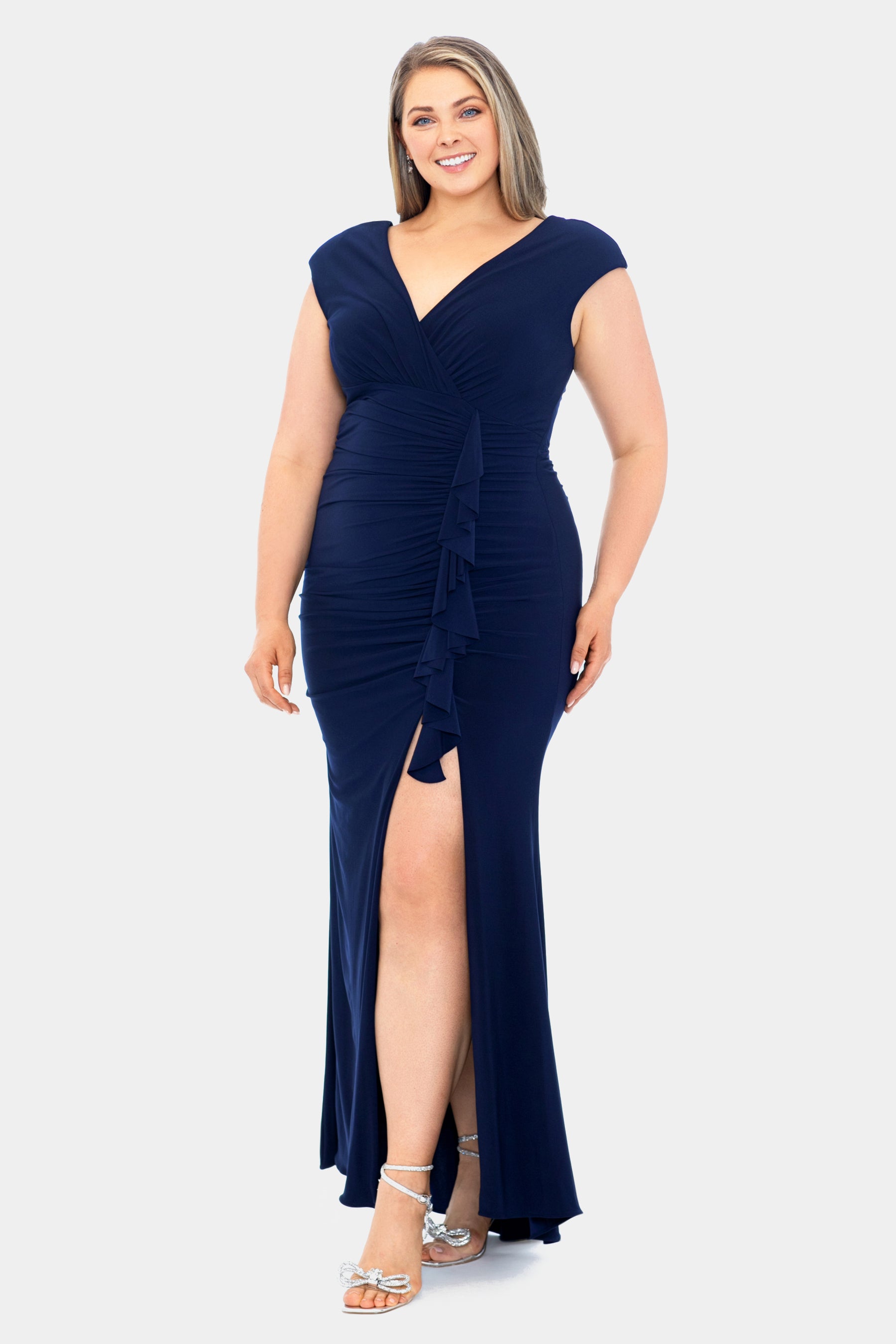  Xscape Long Scuba Dress with Ruching, Ruffles and Beading  Midnight 6 : Clothing, Shoes & Jewelry