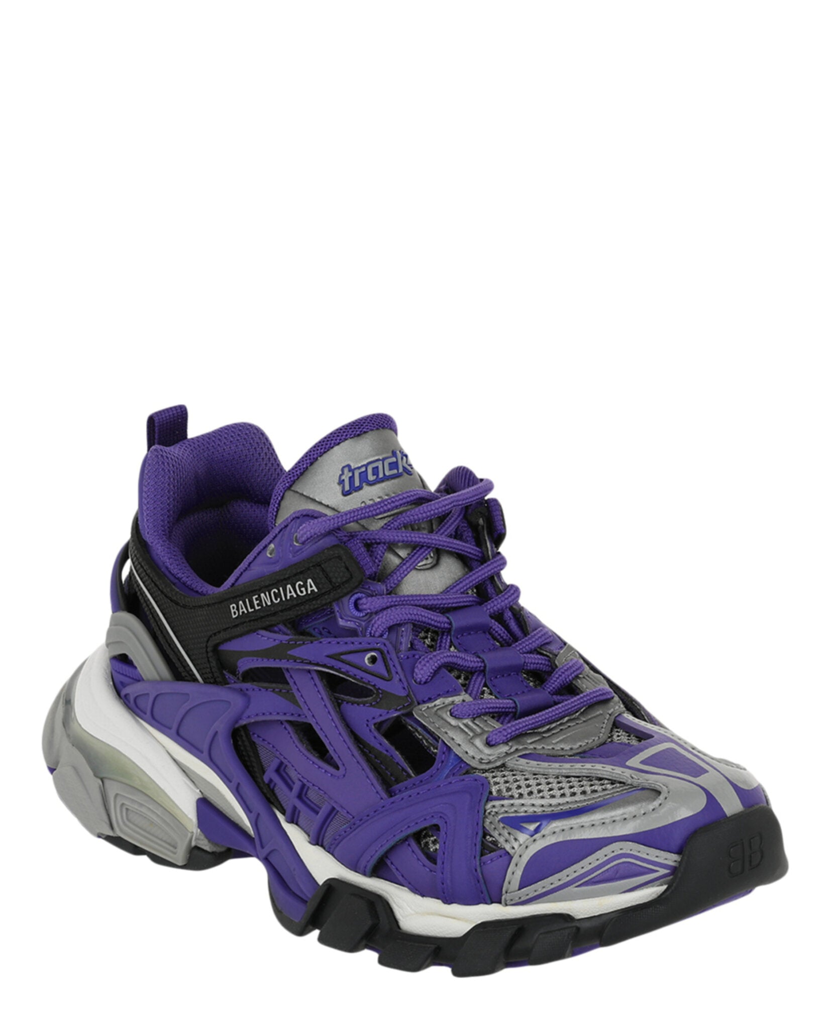 Purple grey black Balenciaga Track 2 sneakers, front angle view