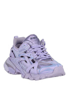 Purple Balenciaga Track sneakers showing lace-up closure, front angle
