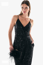 Close-up of black sequin embellishment and V-neckline detail on midi dress