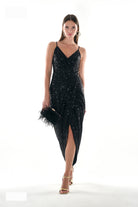 Black sequin midi dress by Lord & Taylor Heritage, full-body view on model