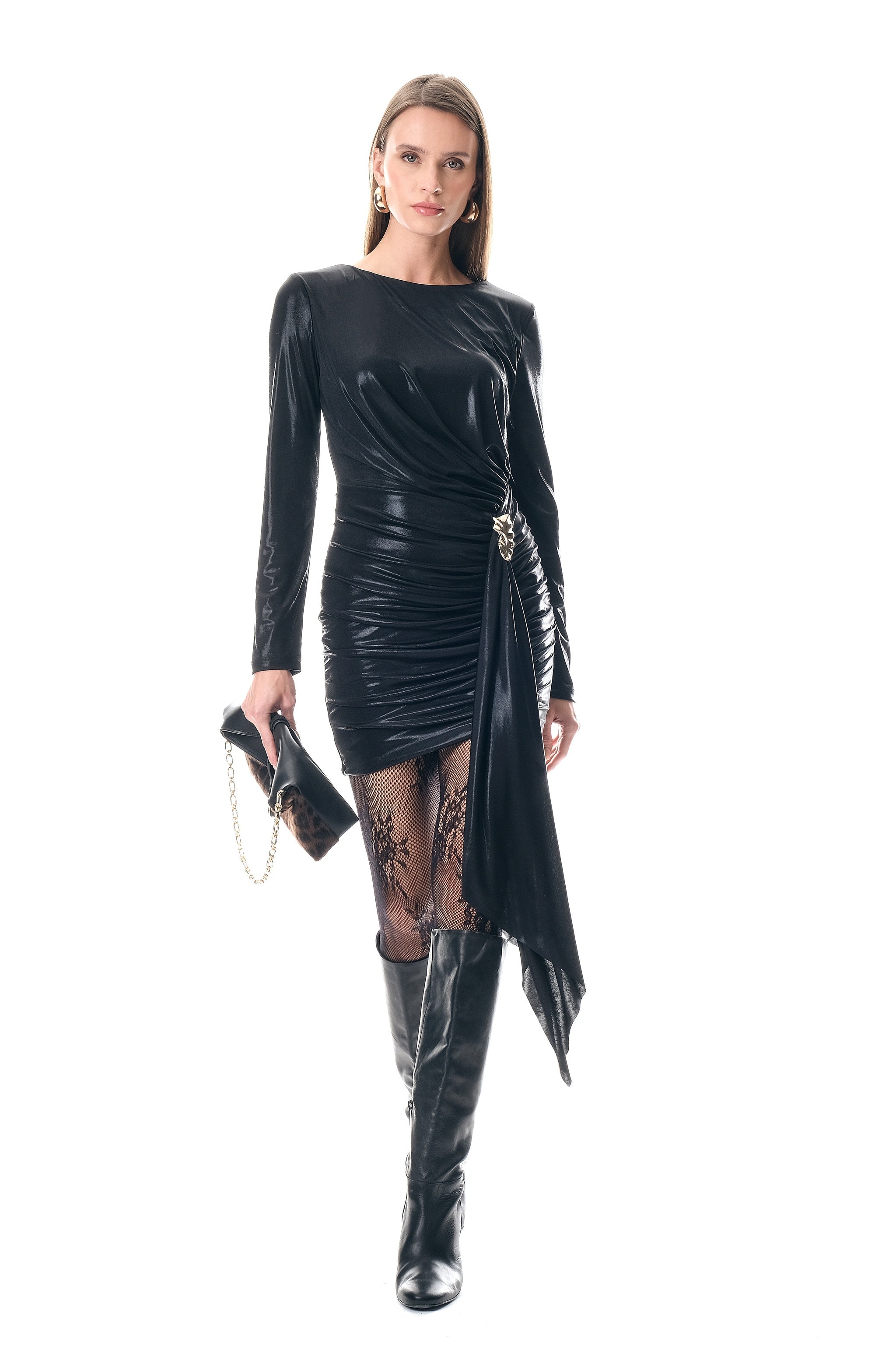 Black ruched asymmetric dress showing side hardware and draped hem by Lord & Taylor Heritage