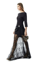 Black gown with boat neckline and lace overlay, alternate front angle
