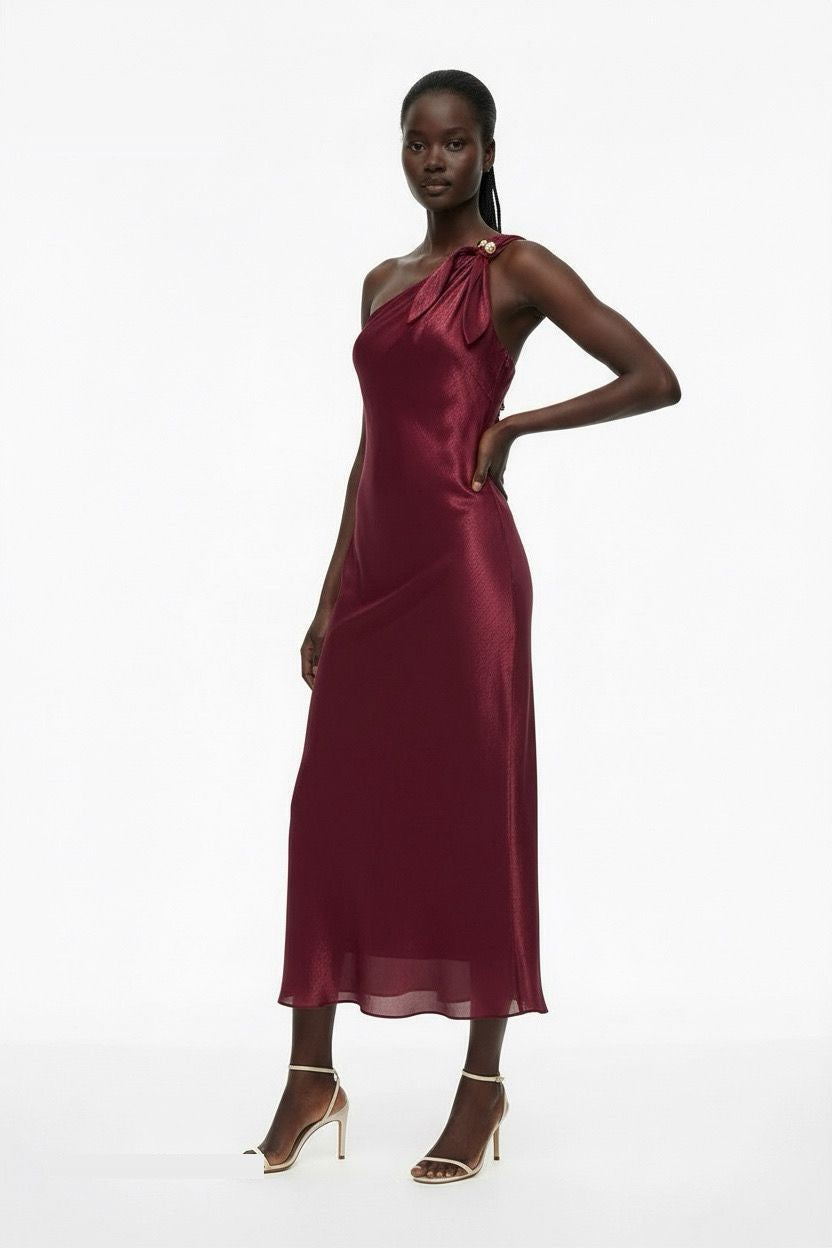 Burgundy satin one-shoulder midi dress by Lord & Taylor Heritage, side angle view