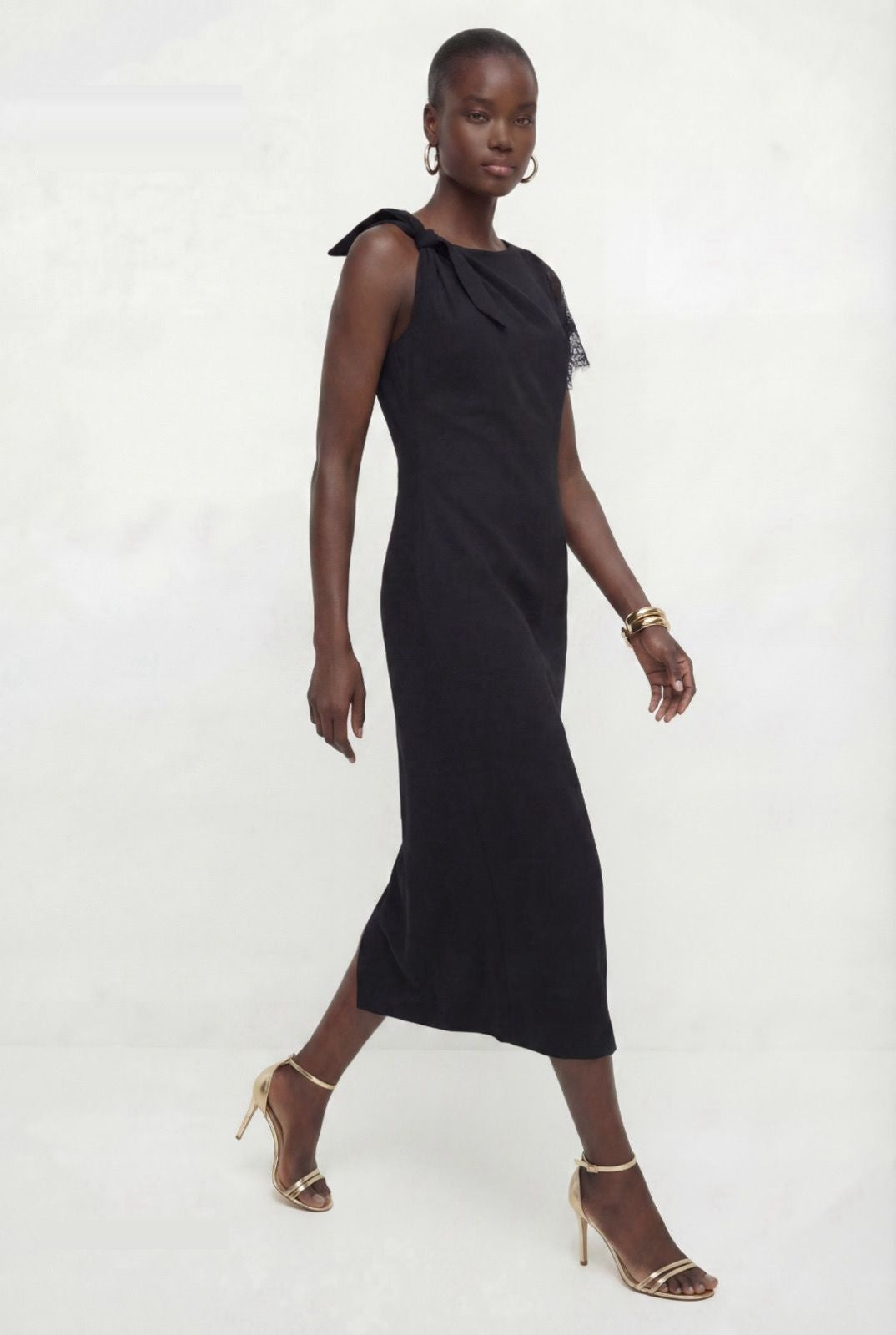 Black bow shoulder midi dress in matte crepe, alternate view